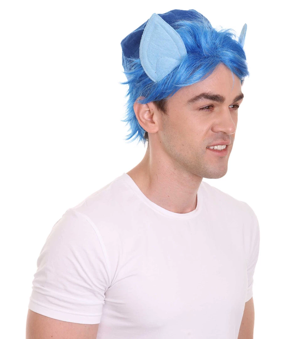 HPO Men's Medium Length Middle Part Blue Straight Wig With Blue Ears 6 HPO Men's Medium Length Middle Part Blue Straight Wig With Blue Ears