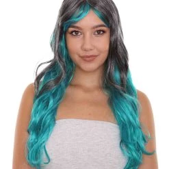 HPO Long Two Tone Curly Womens Wig | Grey/Blue Wig | Premium Breathable Capless Cap Men's