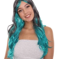 HPO Long Two Tone Curly Womens Wig | Grey/Blue Wig | Premium Breathable Capless Cap Men's