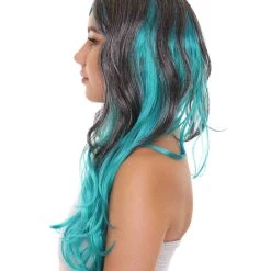 HPO Long Two Tone Curly Womens Wig | Grey/Blue Wig | Premium Breathable Capless Cap Men's