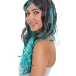 HPO Long Two Tone Curly Womens Wig | Grey/Blue Wig | Premium Breathable Capless Cap Men's