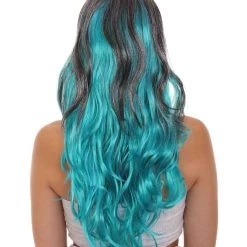 HPO Long Two Tone Curly Womens Wig | Grey/Blue Wig | Premium Breathable Capless Cap Men's