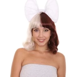 HPO Men's Adult Womens Short Curly Wig W/ Large White Bow | Brown & Blonde Celebrity Wig | Premium Breathable Capless Cap