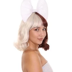 HPO Men's Adult Womens Short Curly Wig W/ Large White Bow | Brown & Blonde Celebrity Wig | Premium Breathable Capless Cap