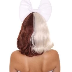 HPO Men's Adult Womens Short Curly Wig W/ Large White Bow | Brown & Blonde Celebrity Wig | Premium Breathable Capless Cap