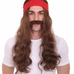 HPO Mens Pirate Wig And Moustache | Brown Long Wig | Premium Breathable Capless Cap Men's