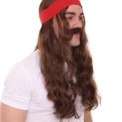 HPO Mens Pirate Wig And Moustache | Brown Long Wig | Premium Breathable Capless Cap Men's