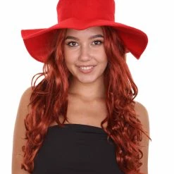 HPO Womens Long Length Brown Curly Cosplay Wig With Red Fedora | Breathable Capless Cap Women's