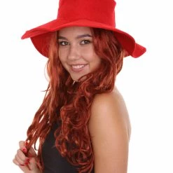 HPO Womens Long Length Brown Curly Cosplay Wig With Red Fedora | Breathable Capless Cap Women's