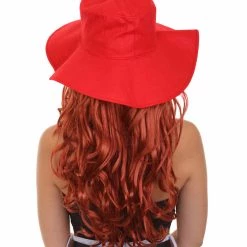 HPO Womens Long Length Brown Curly Cosplay Wig With Red Fedora | Breathable Capless Cap Women's