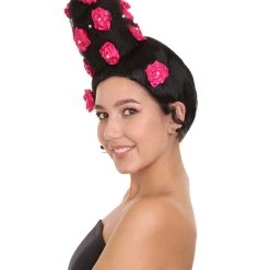 HPO Womens Pinned Up Bun Artist Wig - Long Black Hair With Pink Flowers - Capless Cap Design