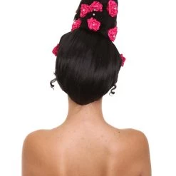 HPO Womens Pinned Up Bun Artist Wig - Long Black Hair With Pink Flowers - Capless Cap Design