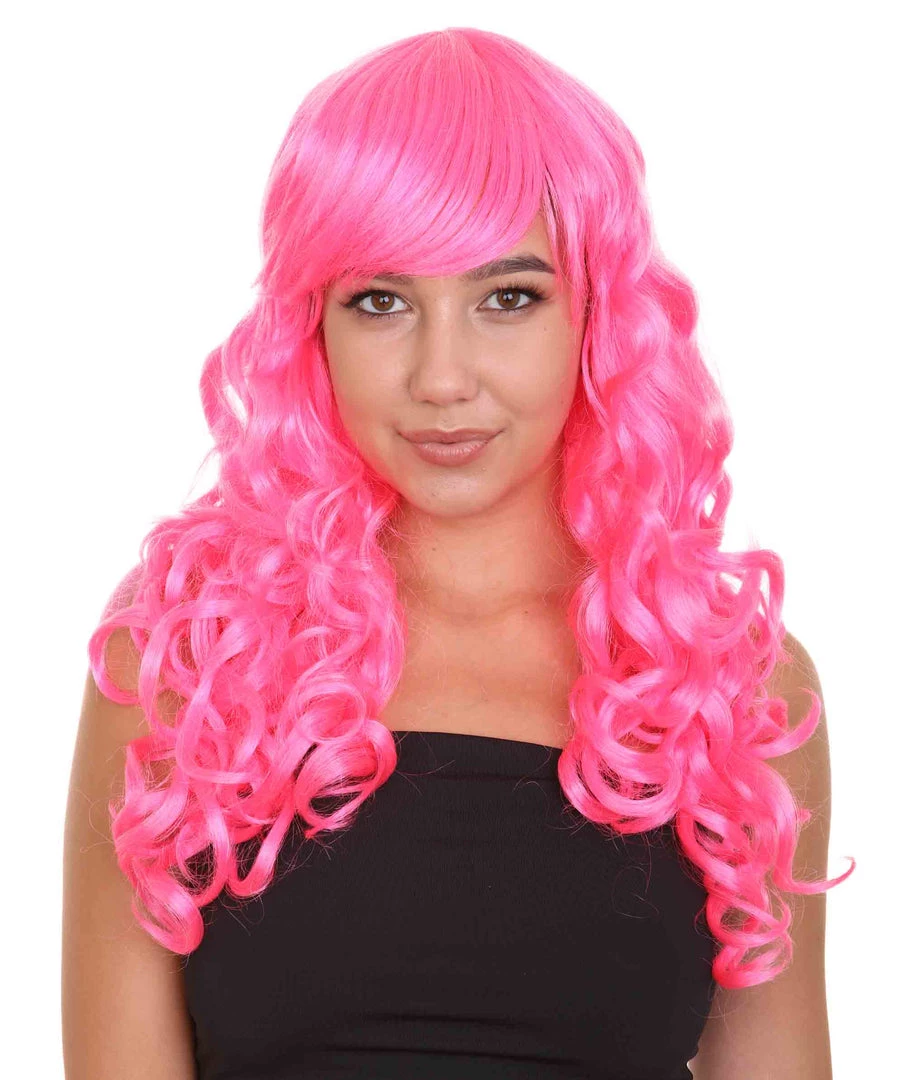 HPO Long Curly Party Pink Womens Wig | Stage Event Party Ready Colorful Wig | Premium Breathable Capless Cap 2 HPO Long Curly Party Pink Womens Wig | Stage Event Party Ready Colorful Wig | Premium Breathable Capless Cap