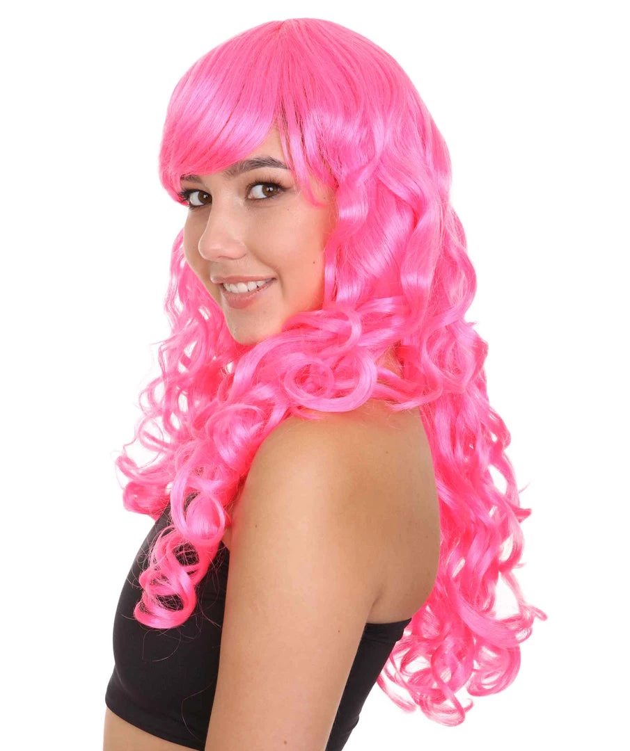 HPO Long Curly Party Pink Womens Wig | Stage Event Party Ready Colorful Wig | Premium Breathable Capless Cap 3 HPO Long Curly Party Pink Womens Wig | Stage Event Party Ready Colorful Wig | Premium Breathable Capless Cap