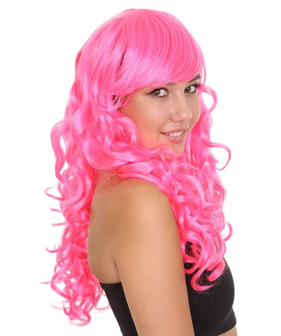 HPO Long Curly Party Pink Womens Wig | Stage Event Party Ready Colorful Wig | Premium Breathable Capless Cap 7 HPO Long Curly Party Pink Womens Wig | Stage Event Party Ready Colorful Wig | Premium Breathable Capless Cap