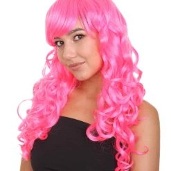 HPO Long Curly Party Pink Womens Wig | Stage Event Party Ready Colorful Wig | Premium Breathable Capless Cap