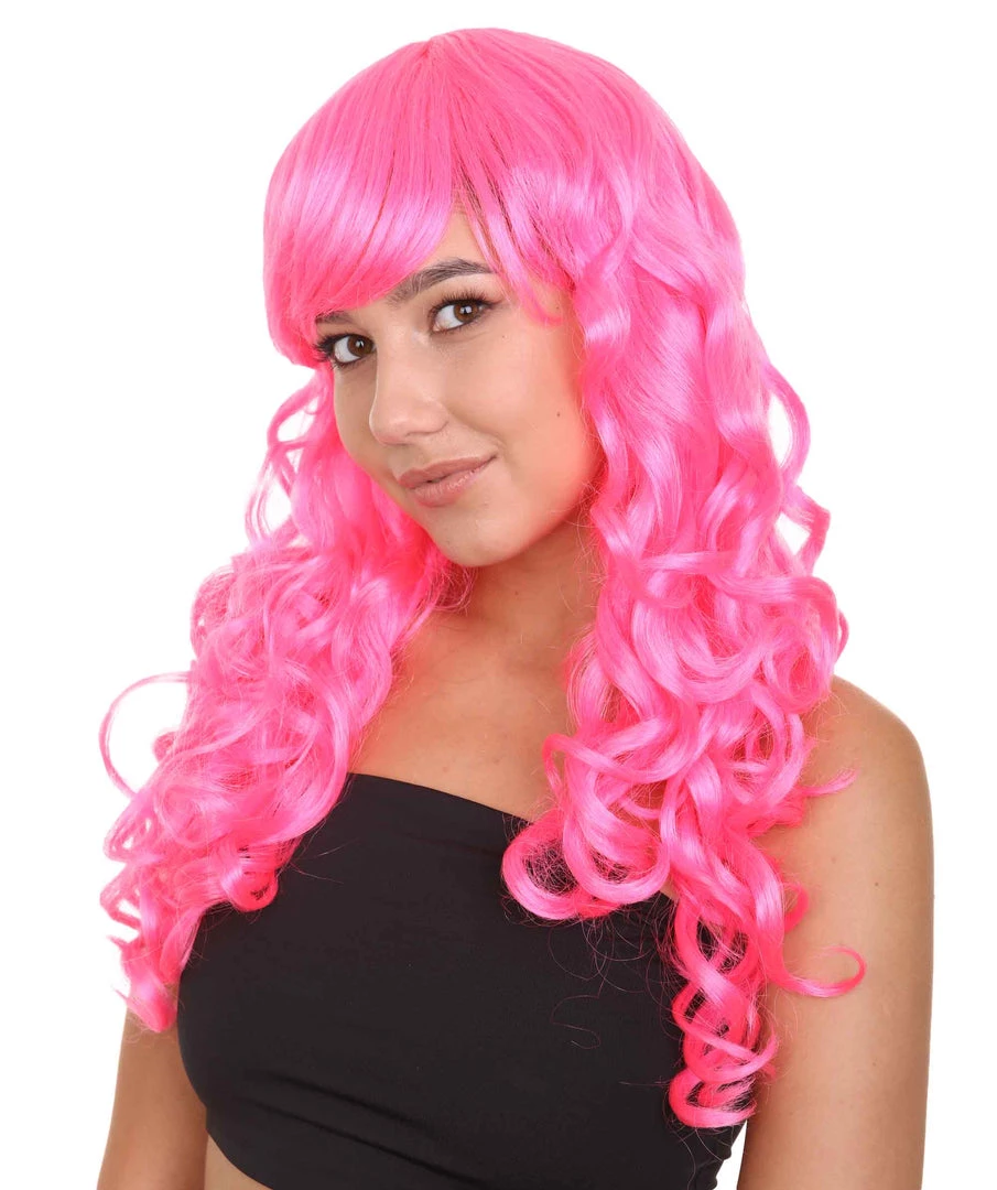 HPO Long Curly Party Pink Womens Wig | Stage Event Party Ready Colorful Wig | Premium Breathable Capless Cap 1 HPO Long Curly Party Pink Womens Wig | Stage Event Party Ready Colorful Wig | Premium Breathable Capless Cap