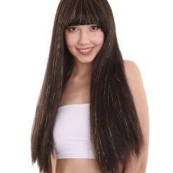 HPO Womens Egyptian Queen Long Straight Gold Tinsel Wig | Black & Gold Tinsel Historical Wigs | Premium Breathable Capless Cap