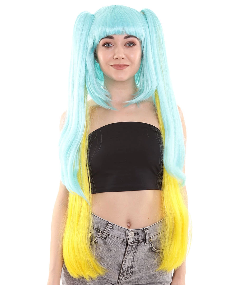 HPO Women's Womens Gaming Cosplay Wig | Blue & Yellow Video Game Wigs | Premium Breathable Capless Cap 1 HPO Women's Womens Gaming Cosplay Wig | Blue & Yellow Video Game Wigs | Premium Breathable Capless Cap