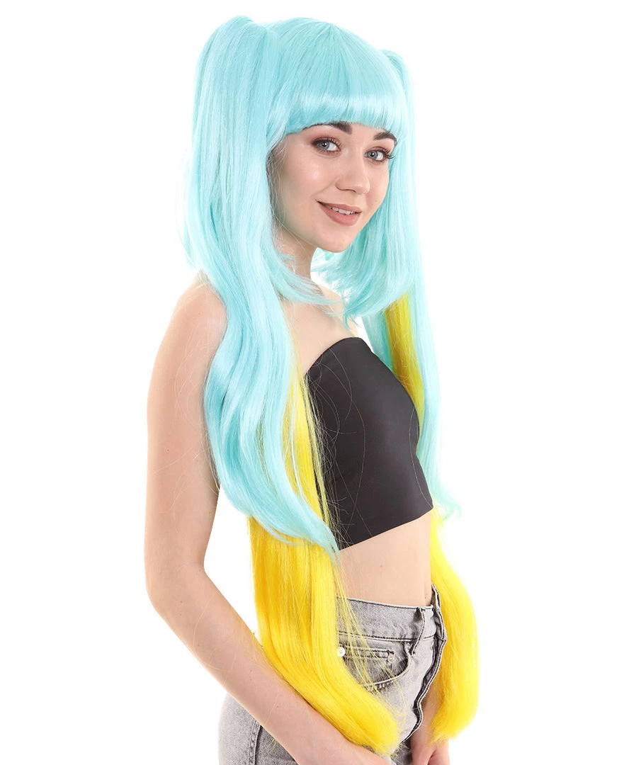 HPO Women's Womens Gaming Cosplay Wig | Blue & Yellow Video Game Wigs | Premium Breathable Capless Cap 4 HPO Women's Womens Gaming Cosplay Wig | Blue & Yellow Video Game Wigs | Premium Breathable Capless Cap
