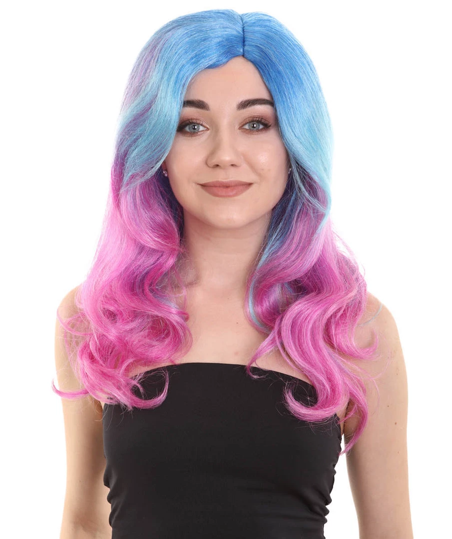 HPO Womens Long Wavy Two-tone Wig | Blue & Purple Colorful Wigs | Premium Breathable Capless Cap Women's 1 HPO Womens Long Wavy Two-tone Wig | Blue & Purple Colorful Wigs | Premium Breathable Capless Cap Women's