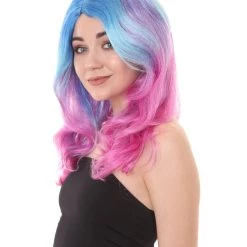 HPO Womens Long Wavy Two-tone Wig | Blue & Purple Colorful Wigs | Premium Breathable Capless Cap Women's