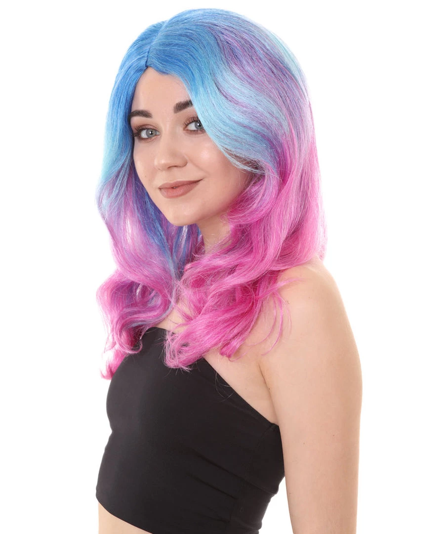 HPO Womens Long Wavy Two-tone Wig | Blue & Purple Colorful Wigs | Premium Breathable Capless Cap Women's 2 HPO Womens Long Wavy Two-tone Wig | Blue & Purple Colorful Wigs | Premium Breathable Capless Cap Women's