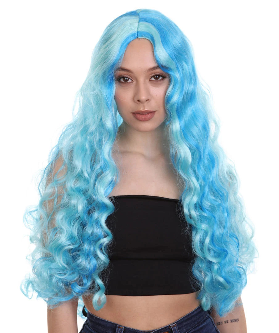 HPO Monster Womens Wig | Long Sky Blue Wavy Glamour Cosplay Halloween Wig | Premium Breathable Capless Cap 2 HPO Monster Womens Wig | Long Sky Blue Wavy Glamour Cosplay Halloween Wig | Premium Breathable Capless Cap