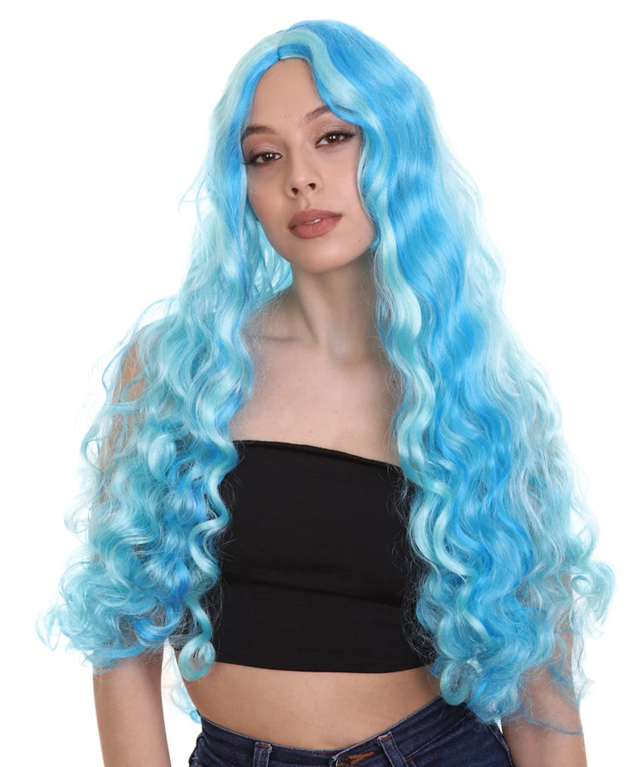 HPO Monster Womens Wig | Long Sky Blue Wavy Glamour Cosplay Halloween Wig | Premium Breathable Capless Cap 1 HPO Monster Womens Wig | Long Sky Blue Wavy Glamour Cosplay Halloween Wig | Premium Breathable Capless Cap