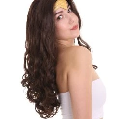 HPO Wonder Woman Curly Long Wig With Crown | Multiple Colors TV/Movie Wigs | Premium Breathable Capless Cap