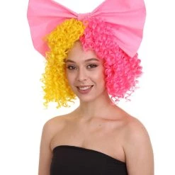 HPO Australian Singer Curly Womens Wig With Pink Bow | Thursday Multi Color Celebrity Wigs | Premium Breathable Capless Cap