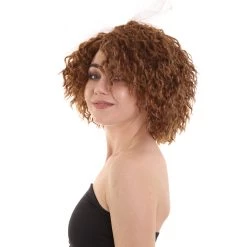 HPO Womens 80s Wild Curly Wig With Bow | Brown Vintage Wigs | Premium Breathable Capless Cap