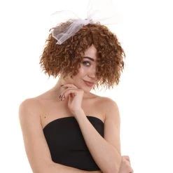 HPO Womens 80s Wild Curly Wig With Bow | Brown Vintage Wigs | Premium Breathable Capless Cap