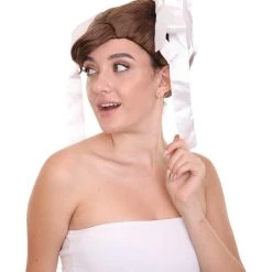 HPO Womens Short Length Brown Straight Pinned Up White Ox Horns Buns With Ribbons Cosplay Wig | Premium Breathable Capless Cap