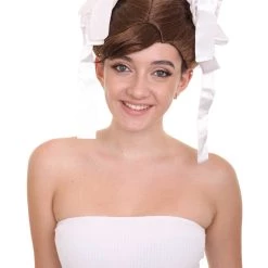 HPO Womens Short Length Brown Straight Pinned Up White Ox Horns Buns With Ribbons Cosplay Wig | Premium Breathable Capless Cap
