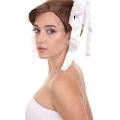 HPO Womens Short Length Brown Straight Pinned Up White Ox Horns Buns With Ribbons Cosplay Wig | Premium Breathable Capless Cap