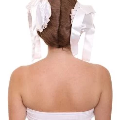 HPO Womens Short Length Brown Straight Pinned Up White Ox Horns Buns With Ribbons Cosplay Wig | Premium Breathable Capless Cap