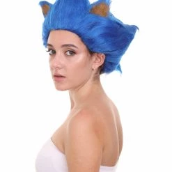 HPO Women's Spiked Long Blue Cosplay Hedgehog Wig With Ears - Capless Cap Design