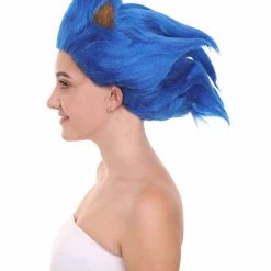 HPO Women's Spiked Long Blue Cosplay Hedgehog Wig With Ears - Capless Cap Design