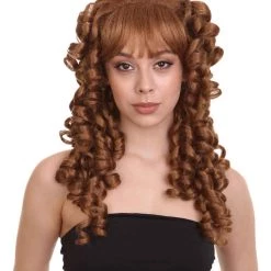 HPO Womens Colonial Lady Wig | Brown Curly Historical Wigs | Premium Breathable Capless Cap Women's