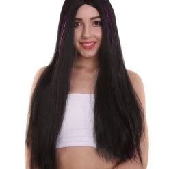 HPO Womens Long Black Wig With Purple Tinsel Streaks | Halloween Rave Wig | Premium Breathable Capless Cap