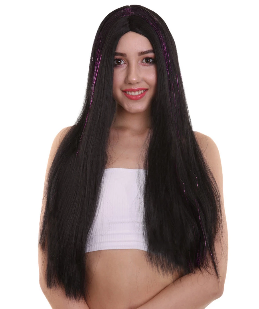 HPO Womens Long Black Wig With Purple Tinsel Streaks | Halloween Rave Wig | Premium Breathable Capless Cap 1 HPO Womens Long Black Wig With Purple Tinsel Streaks | Halloween Rave Wig | Premium Breathable Capless Cap
