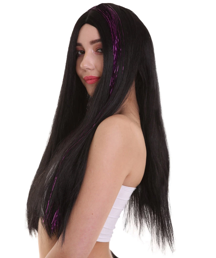 HPO Womens Long Black Wig With Purple Tinsel Streaks | Halloween Rave Wig | Premium Breathable Capless Cap 3 HPO Womens Long Black Wig With Purple Tinsel Streaks | Halloween Rave Wig | Premium Breathable Capless Cap