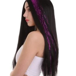 HPO Womens Long Black Wig With Purple Tinsel Streaks | Halloween Rave Wig | Premium Breathable Capless Cap 12 HPO Womens Long Black Wig With Purple Tinsel Streaks | Halloween Rave Wig | Premium Breathable Capless Cap