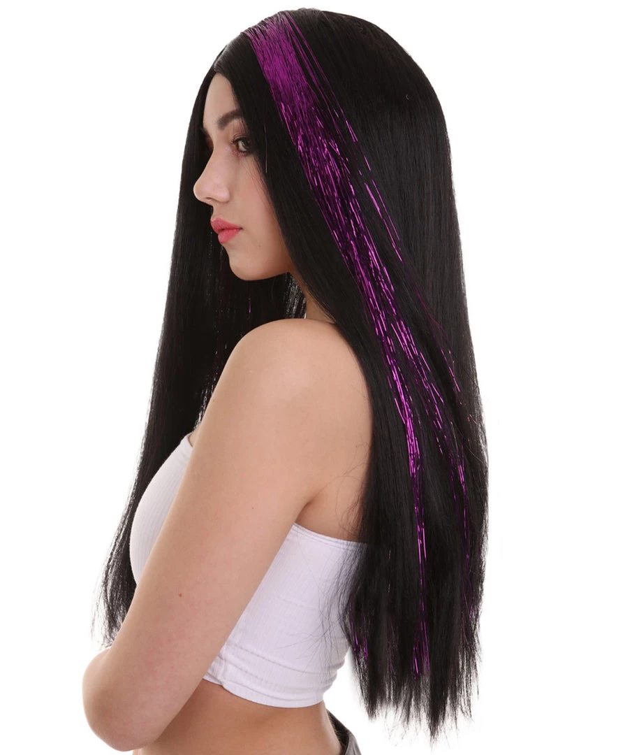 HPO Womens Long Black Wig With Purple Tinsel Streaks | Halloween Rave Wig | Premium Breathable Capless Cap 4 HPO Womens Long Black Wig With Purple Tinsel Streaks | Halloween Rave Wig | Premium Breathable Capless Cap