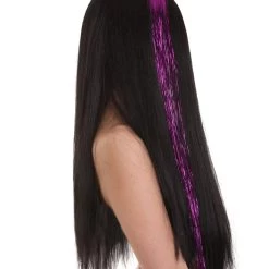 HPO Womens Long Black Wig With Purple Tinsel Streaks | Halloween Rave Wig | Premium Breathable Capless Cap 14 HPO Womens Long Black Wig With Purple Tinsel Streaks | Halloween Rave Wig | Premium Breathable Capless Cap