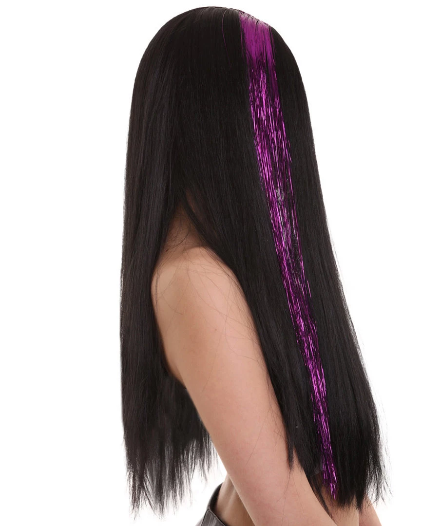 HPO Womens Long Black Wig With Purple Tinsel Streaks | Halloween Rave Wig | Premium Breathable Capless Cap 6 HPO Womens Long Black Wig With Purple Tinsel Streaks | Halloween Rave Wig | Premium Breathable Capless Cap