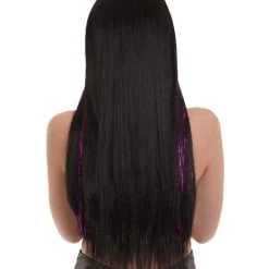 HPO Womens Long Black Wig With Purple Tinsel Streaks | Halloween Rave Wig | Premium Breathable Capless Cap 13 HPO Womens Long Black Wig With Purple Tinsel Streaks | Halloween Rave Wig | Premium Breathable Capless Cap