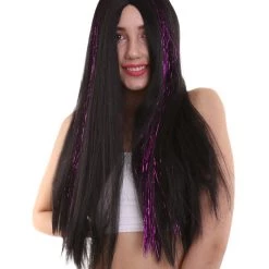 HPO Womens Long Black Wig With Purple Tinsel Streaks | Halloween Rave Wig | Premium Breathable Capless Cap