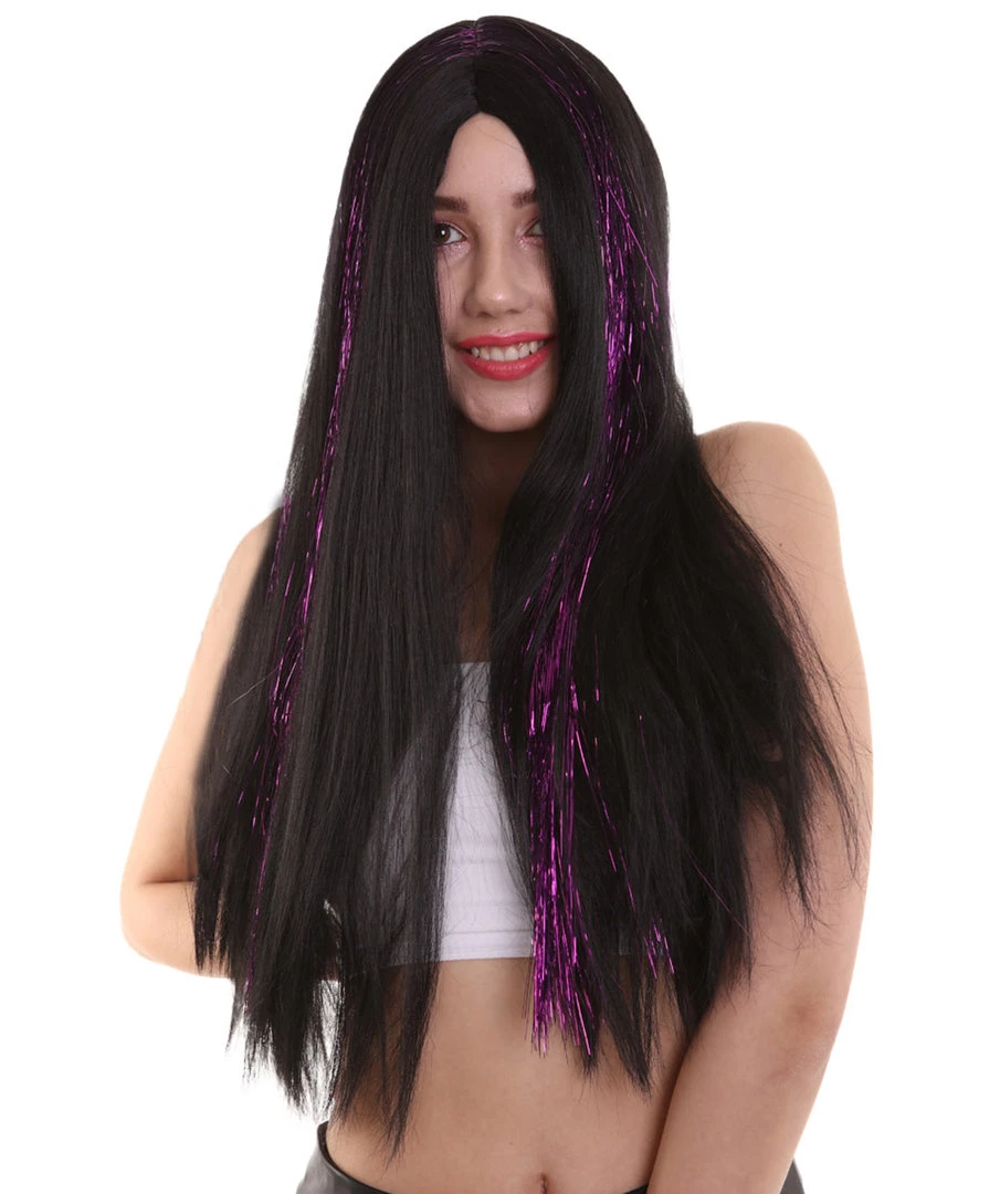 HPO Womens Long Black Wig With Purple Tinsel Streaks | Halloween Rave Wig | Premium Breathable Capless Cap 2 HPO Womens Long Black Wig With Purple Tinsel Streaks | Halloween Rave Wig | Premium Breathable Capless Cap